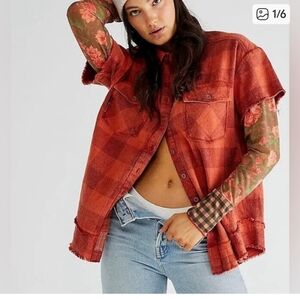 We The Free Flowers Fields Twofer Mesh Plaid Grunge 90's Y2k Flannel Shirt